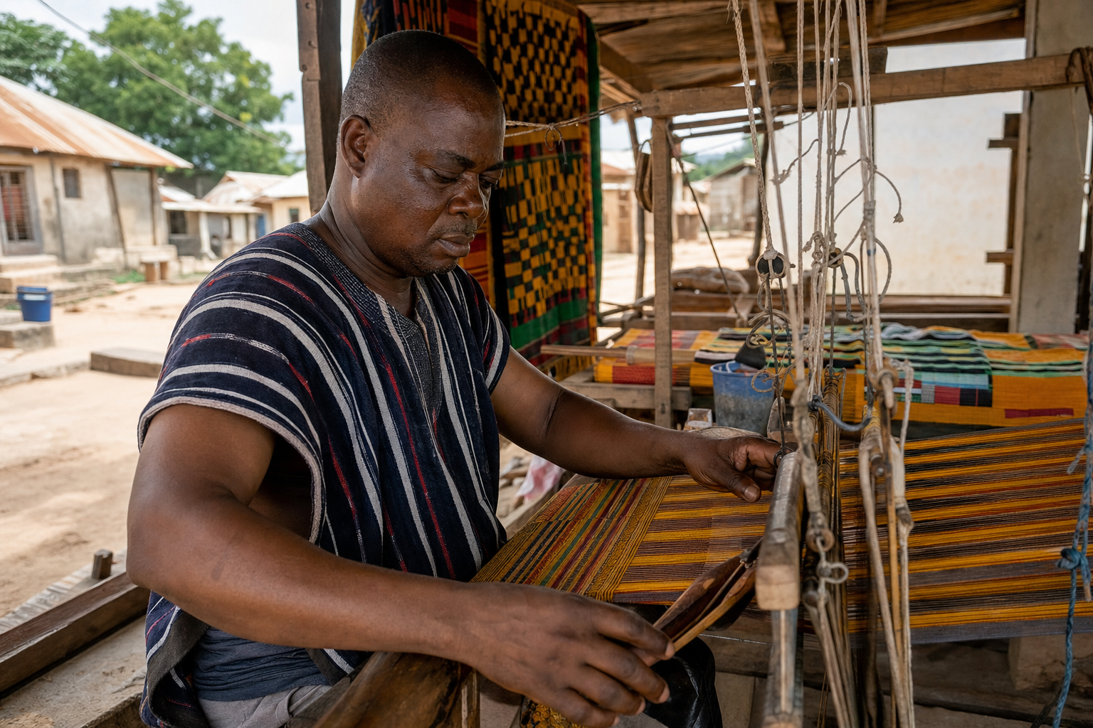 An artisan weaving kente cloth in Bonwire