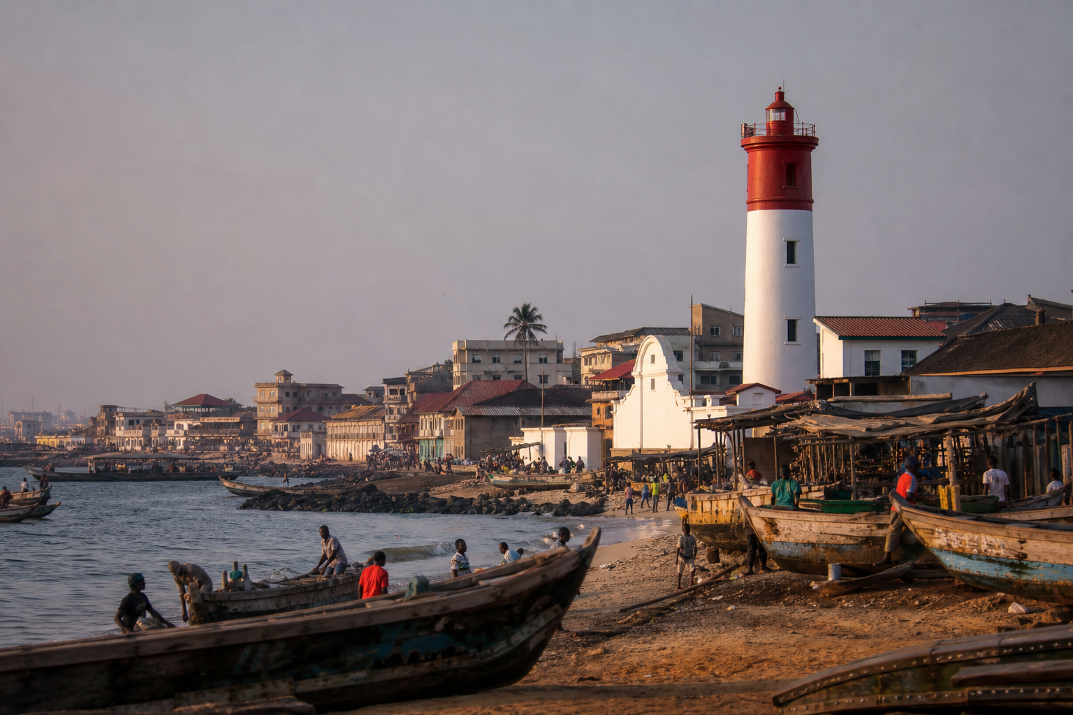 Jamestown Lighthouse and fishing boats along the Accra coast